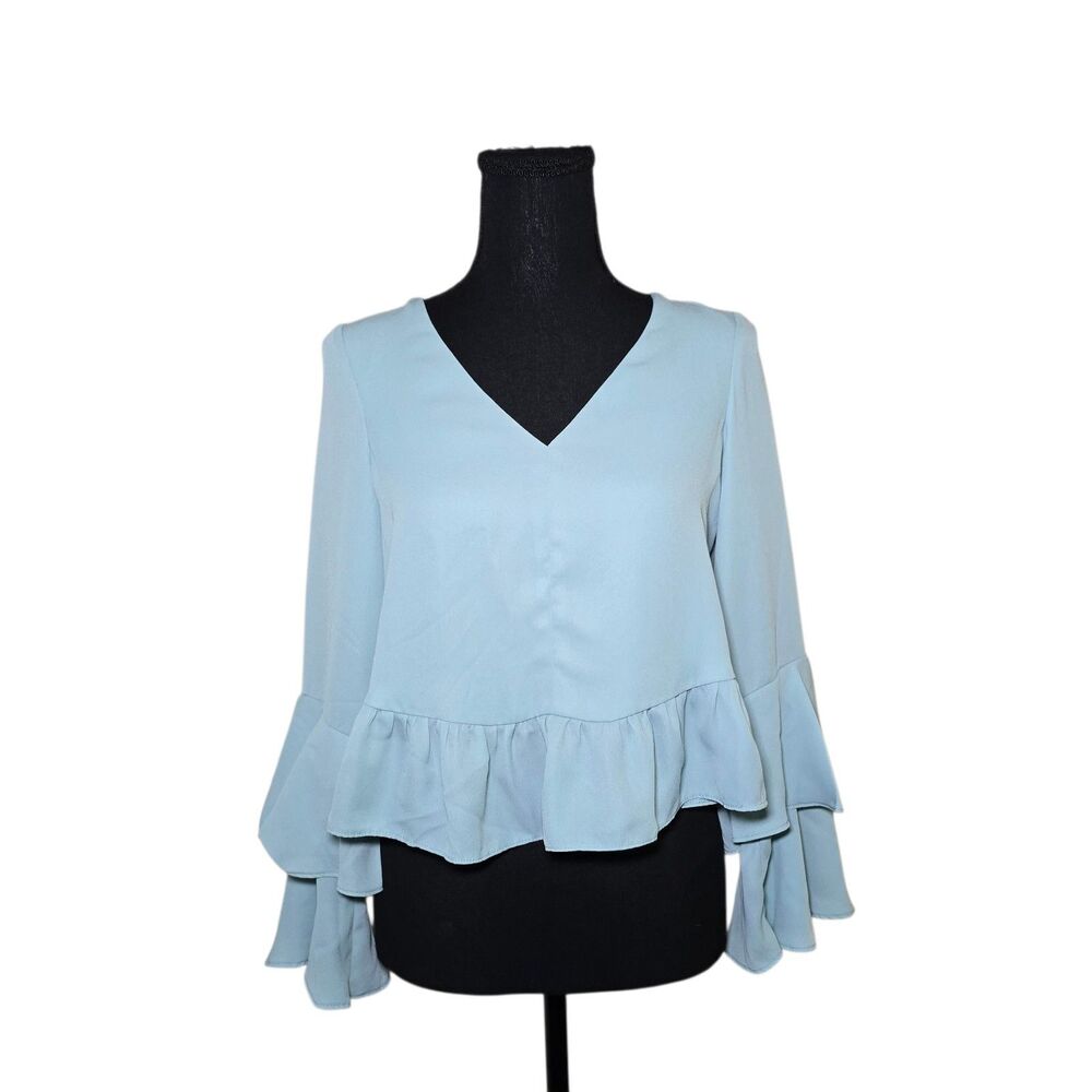 ASOS Long Sleeve Crop Top Women's US 4 Blue Agave Ruffle Hem